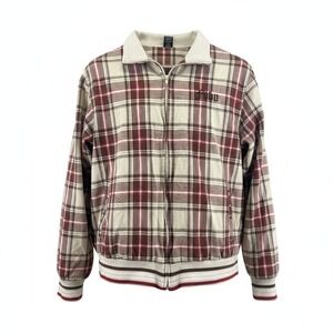 Vtg FUBU The Collection Plaid Bomber Jacket Size M Tan Red Harrington 90s Y2K